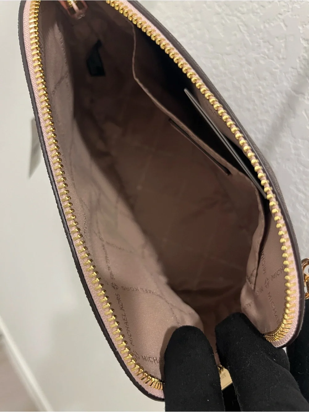 Michael Kors Brown Monogram Crossbody with Pink Trim and Gold Chain Brand new .